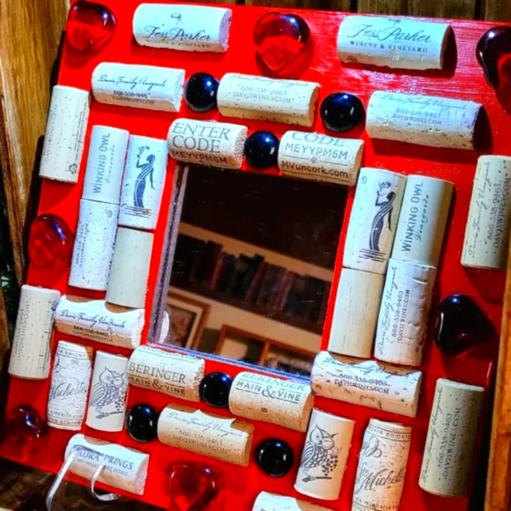 Red Heart and Red Glass Cabochons Mirror Decor with Wine Cork-NWT-Handmade